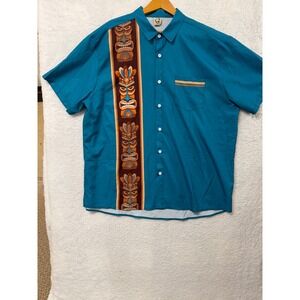 Hardaddy Mens XXL Blue Tiki Totem Print Short Sleeve Button Down Shirt